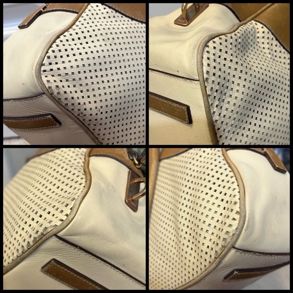 Prada Vitello Drive Bowling Bag Perforated Cream Tan Leather Bag - Picture 13 of 16